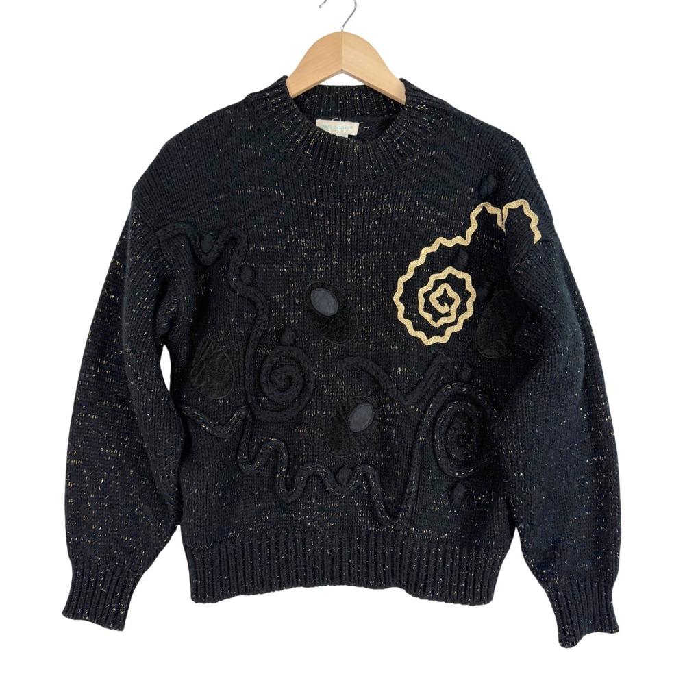 80's Jamie Scott Sweater Women Large Black Gold Metallic Swirl Applique Vintage